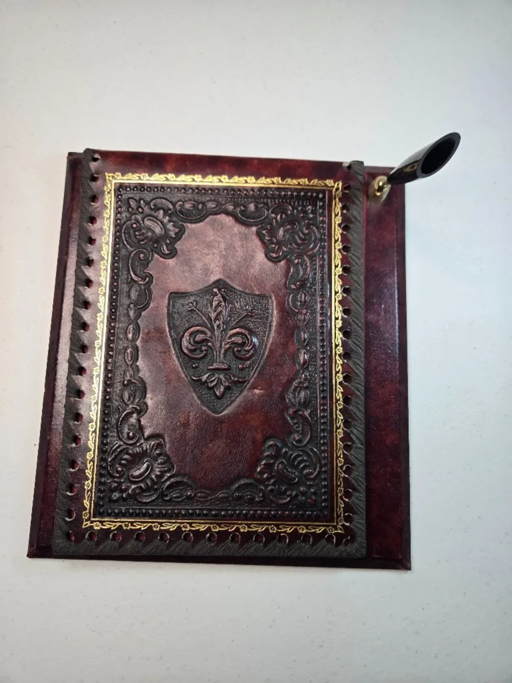 Vintage hand tooled leather pen and paper holder Journal Note Pad Crest. Retro